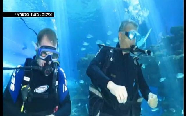 Kulanu party leader Moshe Kahlon spent Wednesday, April 8, 2015 at the Underwater Observatory Marine Park in Eilat diving with sharks and other exotic fish during the Passover holiday. (Screen capture: Channel 2).