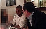 Kim Kardashian is blurred out of a photo with husband Kanye West and Jerusalem's Mayor Nir Barkat  (screen capture: Kikar Hashabat)