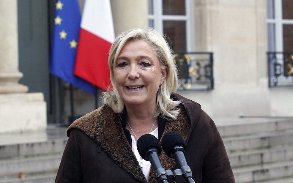 National Front leader Marine Le Pen speaking with reporters, January 9, 2015. (photo credit: JTA/Thierry Chesnot/Getty Images) National Front leader Marine Le Pen speaking with reporters, January 9, 2015. (photo credit: JTA/Thierry Chesnot/Getty Images)