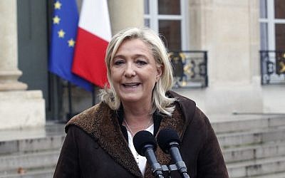 National Front leader Marine Le Pen speaking with reporters, January 9, 2015. (photo credit: JTA/Thierry Chesnot/Getty Images) National Front leader Marine Le Pen speaking with reporters, January 9, 2015. (photo credit: JTA/Thierry Chesnot/Getty Images)