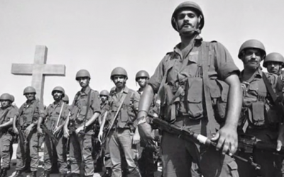 Christian Lebanese Forces fighters standing in formation during the Lebanese Civil War. (screen capture: YouTube)