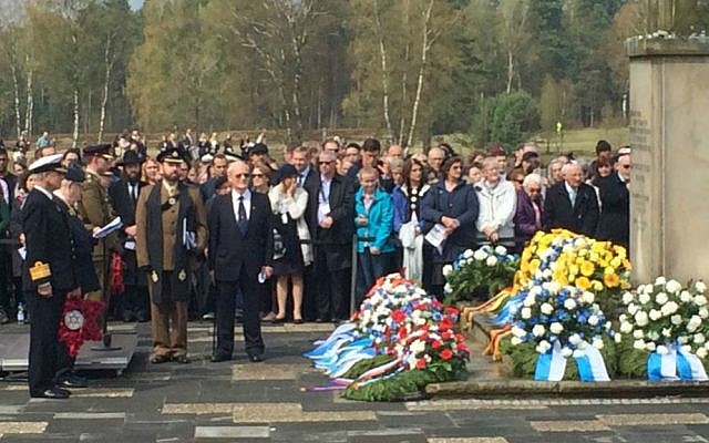 Participants at a memorial ceremony at the site of the Bergen-Belsen concentration camp, April 26, 2015. (Photo credit: Renee Ghert-Zand) Participants at a memorial ceremony at the site of the Bergen-Belsen concentration camp, April 26, 2015. (Photo credit: Renee Ghert-Zand)