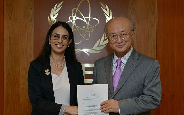 Presentation of credentials by Israeli IAEA representative Merav Zafary-Odiz to IAEA Director General Yukiya Amano on October 24, 2013. (photo credit: Dean Calma / IAEA/ (CC BY-SA 2.0)