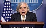 Energy Secretary Ernest Moniz speaks to the media during the daily briefing in the Brady Press Briefing Room of the White House in Washington, Monday, April 6, 2015 (photo credit: AP/Pablo Martinez Monsivais)