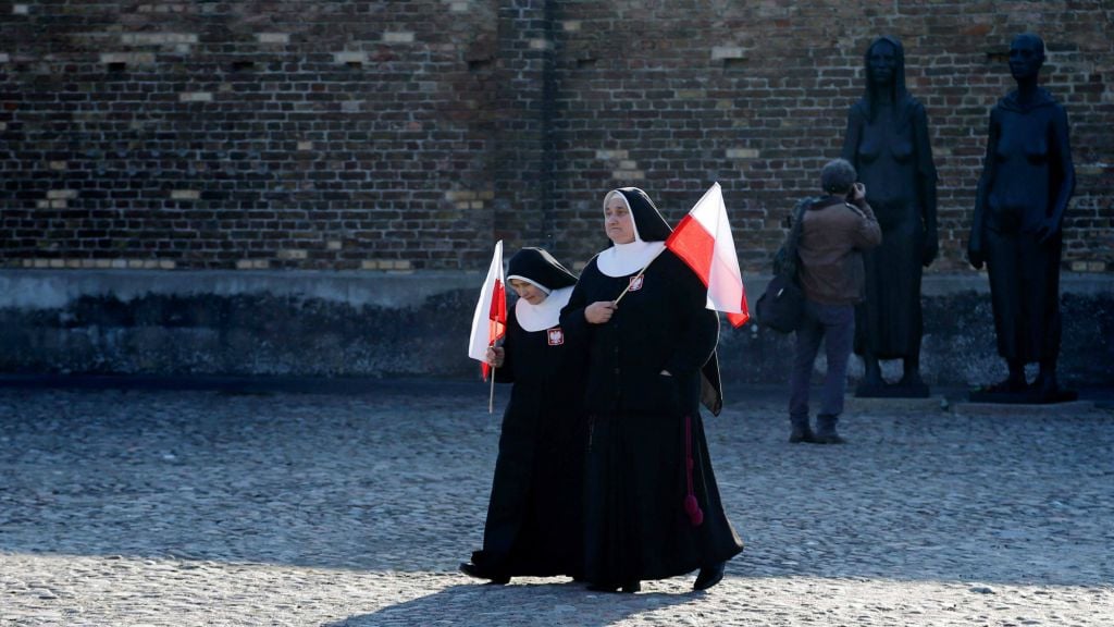 Polish nuns arrive at the former Nazi concentration camp Ravensbrueck in Fuerstenberg, northeastern Germany, Sunday, April 19, 2015 for ceremonies commemorating the 70th anniversary of the liberation of the camp by the Red Army on April 30, 1945. (photo credit: AP Photo/Ferdinand Ostrop) Polish nuns arrive at the former Nazi concentration camp Ravensbrueck in Fuerstenberg, northeastern Germany, Sunday, April 19, 2015 for ceremonies commemorating the 70th anniversary of the liberation of the camp by the Red Army on April 30, 1945. (photo credit: AP Photo/Ferdinand Ostrop)