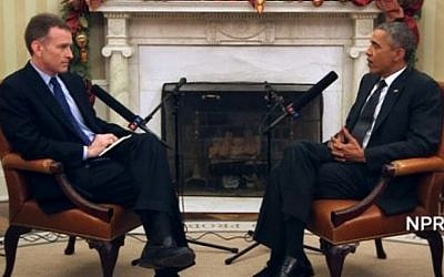 President Barack Obama (right) speaks to NPR's Steve Inskeep, April 6, 2015. (screen capture: NPR)