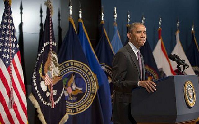 President Barack Obama pauses while speaking at the Office of the Director of National Intelligence's (ODNI) 10th anniversary at ODNI headquarters in McLean, Va., Friday, April 24, 2015 (photo credit: AP/Pablo Martinez Monsivais) President Barack Obama pauses while speaking at the Office of the Director of National Intelligence's (ODNI) 10th anniversary at ODNI headquarters in McLean, Va., Friday, April 24, 2015 (photo credit: AP/Pablo Martinez Monsivais)