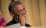 President Barack Obama laughs at a joke during the White House Correspondents' Association dinner at the Washington Hilton on Saturday, April 25, 2015, in Washington (photo credit: AP/Evan Vucci)