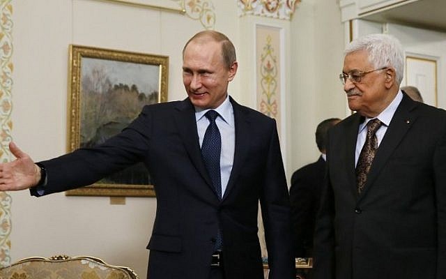 Russian President Vladimir Putin, left, shows the way to his Palestinian counterpart Mahmoud Abbas during their meeting at the Novo-Ogaryovo residence outside Moscow on April 13, 2015. (AFP/Sergei Ilnitsky, Pool) Russian President Vladimir Putin, left, shows the way to his Palestinian counterpart Mahmoud Abbas during their meeting at the Novo-Ogaryovo residence outside Moscow on April 13, 2015. (AFP/Sergei Ilnitsky, Pool)