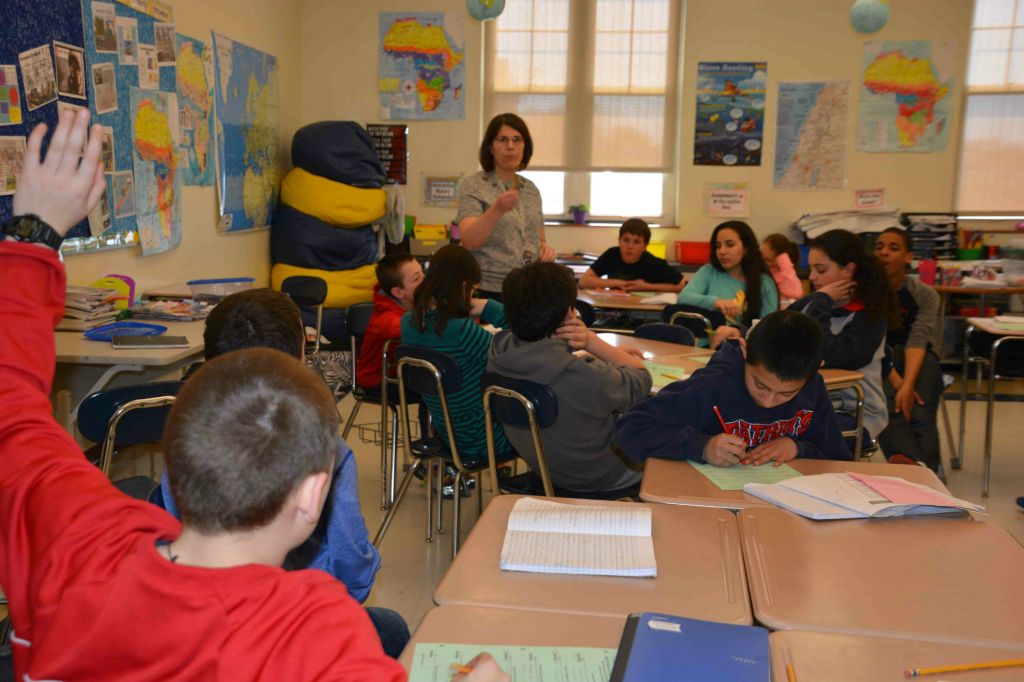Tracy Sockalosky leading a discussion with her seventh-grade class at Wilson Middle School in Natick, Massachusetts. (Courtesy of Tracy Sockalosky/JTA) Tracy Sockalosky leading a discussion with her seventh-grade class at Wilson Middle School in Natick, Massachusetts. (Courtesy of Tracy Sockalosky/JTA)
