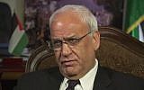 Top Palestinian negotiator Saeb Erekat (YouTube screen capture)