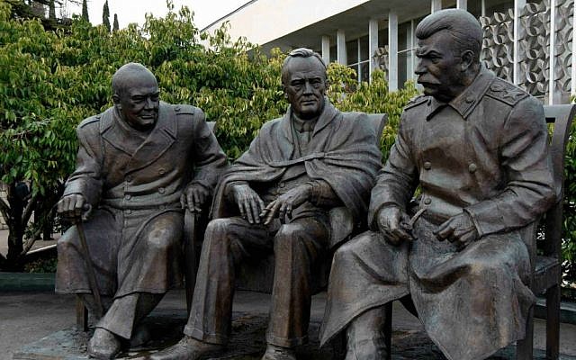 A February 5, 2015 photo of a statue commemorating the 1945 Yalta Conference between Churchill, left, Franklin Delano Roosevelt, center, and Joseph Stalin (photo credit: AP Photo/ Alexander Polegenko)