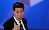 Opposition Labor Party leader Ed Miliband takes part in the "BBC Question Time: Election Leaders Special" television program at Leeds Town Hall in Leeds, northern England on April 30, 2015. (photo credit: AFP PHOTO / POOL / STEFAN ROUSSEAU)