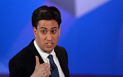 Opposition Labor Party leader Ed Miliband takes part in the "BBC Question Time: Election Leaders Special" television program at Leeds Town Hall in Leeds, northern England on April 30, 2015. (photo credit: AFP PHOTO / POOL / STEFAN ROUSSEAU)