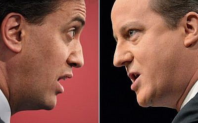 This combination picture shows Opposition Labour Leader Ed Miliband, left, and British Prime Minister and leader of the Conservatives David Cameron speaking at campaign events.( photo credit: AFP/OLI SCARFF)