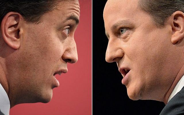 This combination picture shows Opposition Labour Leader Ed Miliband, left, and British Prime Minister and leader of the Conservatives David Cameron speaking at campaign events.( photo credit: AFP/OLI SCARFF) This combination picture shows Opposition Labour Leader Ed Miliband, left, and British Prime Minister and leader of the Conservatives David Cameron speaking at campaign events.( photo credit: AFP/OLI SCARFF)