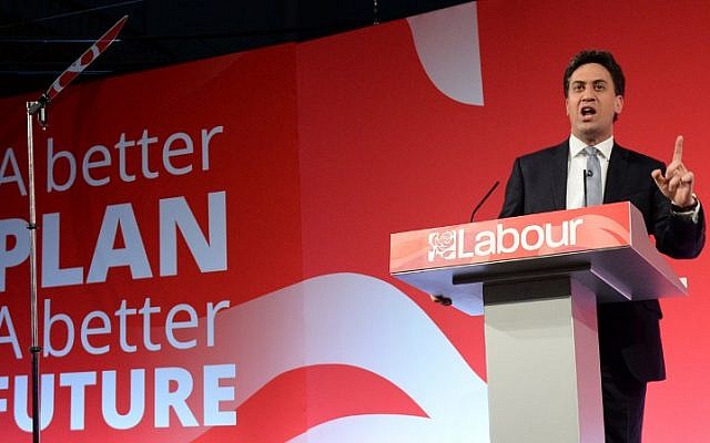 BRITAIN-VOTE-LABOUR Leader of the opposition Labour Party, Ed Miliband makes a speech at an 'eve of poll' campaign rally in Leeds, northern England on May 6, 2015. (photo credit: AFP / OLI SCARFF)