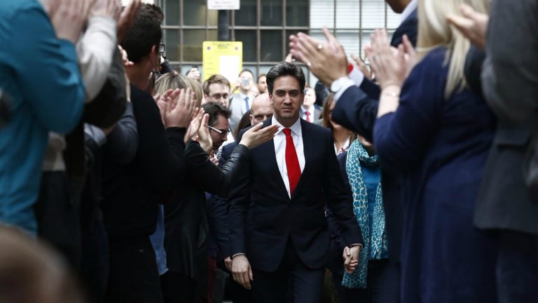 Labour party leader Ed Miliband (C) and his wife Justine Thornton arrive at Labour party headquarters in London on May 8, 2015, the day after a general election. (AFP Photo/Justin Tallis) Labour party leader Ed Miliband (center) and his wife Justine Thornton arrive at Labour party headquarters in London on May 8, 2015, the day after a general election. (AFP Photo/Justin Tallis)