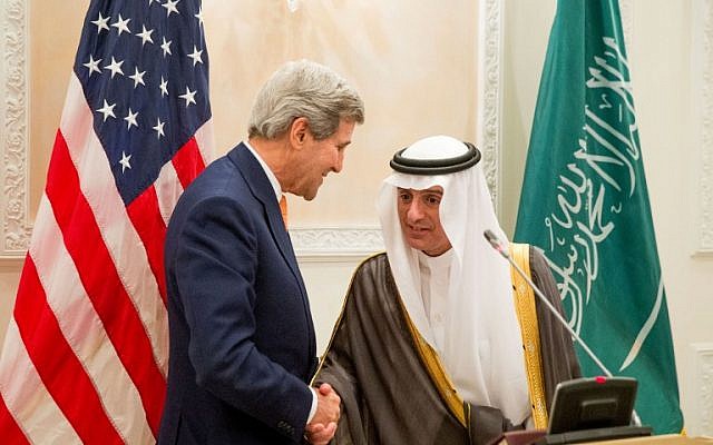 Newly appointed Saudi Minister of Foreign Affairs Adel al-Jubeir (right) shakes hands with US Secretary of State John Kerry during a joint press conference at the Riyadh Air Base in the Saudi capital, May 7, 2015. (photo credit: AFP/Andrew Harnik, Pool) Newly appointed Saudi Minister of Foreign Affairs Adel al-Jubeir (right) shakes hands with US Secretary of State John Kerry during a joint press conference at the Riyadh Air Base in the Saudi capital, May 7, 2015. (photo credit: AFP/Andrew Harnik, Pool)