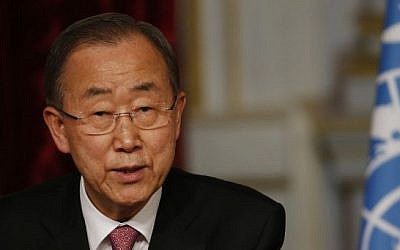 UN Secretary General Ban Ki-moon speaks at a press conference at the Elysee presidential palace in Paris, on April 29, 2015 (AFP/Thomas Samson)