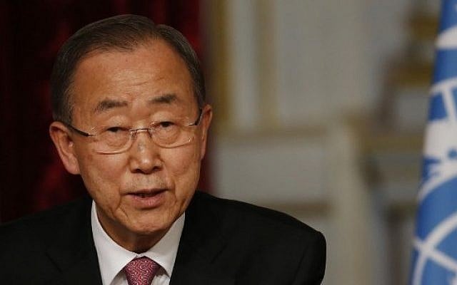UN Secretary General Ban Ki-moon speaks at a press conference at the Elysee presidential palace in Paris, on April 29, 2015 (AFP/Thomas Samson) UN Secretary General Ban Ki-moon speaks at a press conference at the Elysee presidential palace in Paris, on April 29, 2015 (AFP/Thomas Samson)