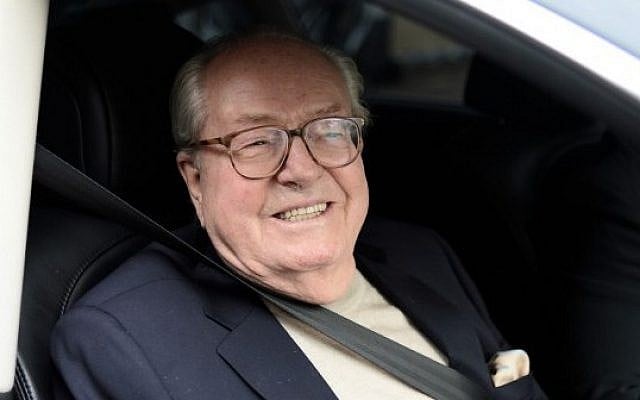 France's far-right party Front National (FN) honorary president Jean-Marie Le Pen smiles as he leaves the party's headquarters in Nanterre, near Paris, on May 4, 2015. (photo credit: AFP PHOTO / STEPHANE DE SAKUTIN) France's far-right party Front National (FN) honorary president Jean-Marie Le Pen smiles as he leaves the party's headquarters in Nanterre, near Paris, on May 4, 2015. (photo credit: AFP PHOTO / STEPHANE DE SAKUTIN)
