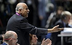 President of the Palestinian Football Association Jibril Rajoub gestures during the 65th FIFA Congress on May 29, 2015 in Zurich. Jibril Rajoub withdrew his association's bid to have FIFA suspend Israel from international football. (AFP PHOTO / FABRICE COFFRINI)