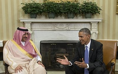 US President Barack Obama (right) meets with Saudi Crown Prince Mohammed bin Nayef in the Oval Office at the White House in Washington, DC, on May 13, 2015. (photo credit: AFP PHOTO/NICHOLAS KAMM)