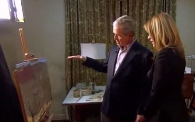 Former US President George W. Bush shows his daughter, NBC's Today show correspondent Jenna Bush Hager, artwork he has painted in his post-presidential years, April 4, 2014. (screen capture: YouTube) Former US President George W. Bush shows his daughter, NBC's Today show correspondent Jenna Bush Hager, artwork he has painted in his post-presidential years, April 4, 2014. (screen capture: YouTube)