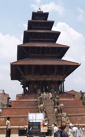 A view of one of the temples in Bhaktapur before the April 25 earthquake. The only part remaining now is the lower brick steps with the lions, pictured above. (Flickr Creative Commons)