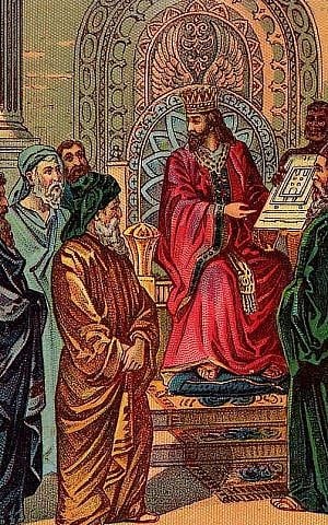 Solomon and the plan for the First Temple. (Illustration from a Bible card published by the Providence Lithograph Co.)