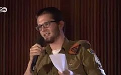 IDF soldier corporal Shachar Berrin speaks during a televised political debate about Israeli occupation of the West Bank, May 14. (YouTube/Breaking the Silence)
