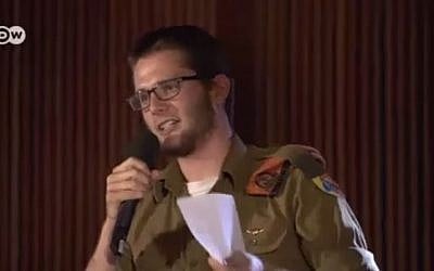 IDF soldier corporal Shachar Berrin speaks during a televised political debate about Israeli occupation of the West Bank, May 14. (YouTube/Breaking the Silence)