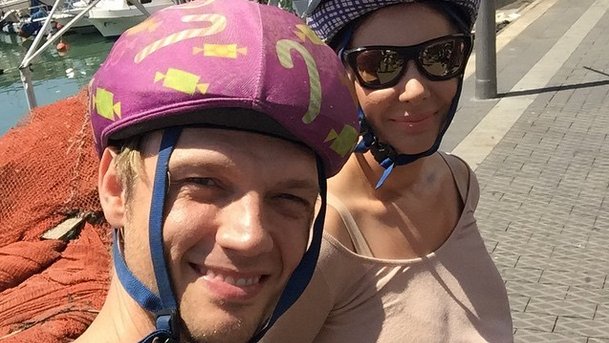 Nick Carter, one of the beloved Backstreet Boys,  tweeted "We're in Tel Aviv Isreal and I'm wearing a PINK bicycle helmet." (Courtesy Nick Carter Twitter)