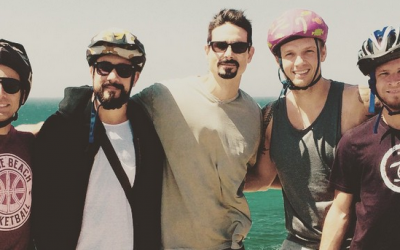 The five members of popular nineties boy-band Backstreet Boys at the Tel Aviv beach, as they begin their five-day stay in Israel (Courtesy Brian Littrell Instagram)