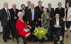 2014 Dan David Prize winners. From left, front row: Mrs. Gabriela David, Mr. Pierre Nora, Prof. Brenda Milner, Prof. Marvin Minsky; back row: Prof. Peter St. George-Hyslop, Prof. Saul Firedlander, Mr. Krzysztof Czyzewski, Prof. John A. Hardy, Prof. Itamar Rabinovich, TAU President Joseph Klafter, Mr. Ariel David, and Prof. Katherine E. Fleming. (Photo credit: Courtesy)