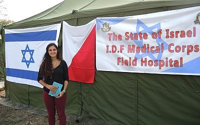 Shir Sharlo, 24, from Rishon Lezion, on her post-army trip to Nepal, stands outside the IDF hospital in Kathmandu, where she has been volunteering, Monday, May 4, 2015 (photo credit: Melanie Lidman/Times of Israel)