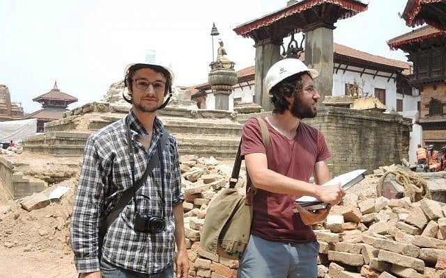 Ludovic Dusuzeau (left) and Pierre Gerard Bendele are two architects from Paris who were on a private research trip to study Nepalese patrimony when the earthquake struck. Now they are volunteering with UNESCO, using drawings they made just a week earlier of things that no longer exist. (Melanie Lidman/Times of Israel)