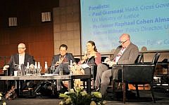 Panelists at a session on Internet hate speech at the 5th Global Forum for Combatting Antisemitism in Jerusalem, May 13, 2015. From left: Facebook's Simon Milner, Prof. Raphael Cohen Almagor, Google's Juniper Downs, and UK Ministry of Justice's Paul Giannasi. (courtesy Eliram Mandel - MFA)