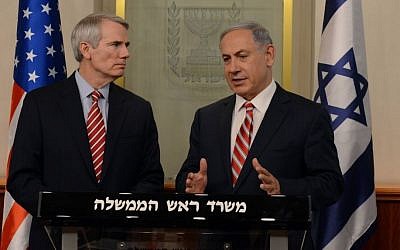 Prime Minister Benjamin Netanyahu (L) meets with Chairman of the Committee for Home Front Security in the American Senate, Rob Portman  (R-OH), May 3, 2015. (photo credit: Haim Zach/GPO) 