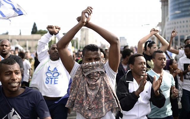 Thousands of Israeli-Ethiopians protest in Tel Aviv against violence and racism on May 3, 2015. (photo credit: Tomer Neuberg/FLASH90) Thousands of Israeli-Ethiopians protest in Tel Aviv against violence and racism on May 3, 2015. (photo credit: Tomer Neuberg/FLASH90)