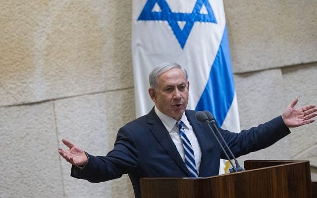 Prime Minister Benjamin Netanyahu addreses the Israeli parliament, May 4, 2015. (photo credit: Miriam Alster/Flash90) 