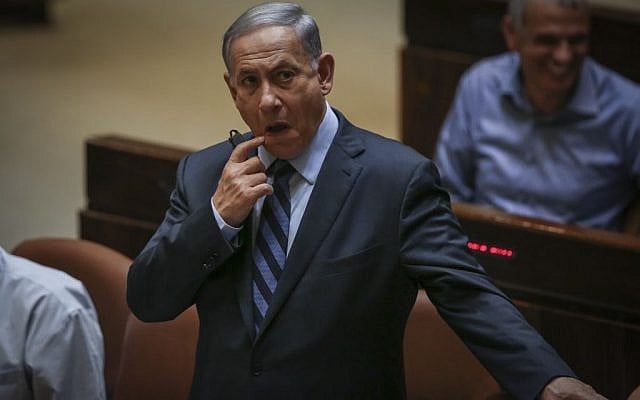 Prime Minister Benjamin Netanyahu reacts during a Knesset vote on May 13, 2015. (Hadas Parush/Flash90) Prime Minister Benjamin Netanyahu reacts during a Knesset vote on May 13, 2015. (Hadas Parush/Flash90)