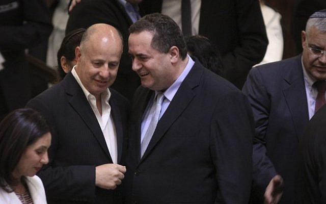 Incoming coalition chairman Tzachi Hanegbi (L) and Transportation and Intelligence Minister Israel Katz (R) at a Knesset ceremony swearing in the new government on May 14, 2015 (Knesset Spokesperson) Incoming coalition chairman Tzachi Hanegbi (L) and Transportation and Intelligence Minister Israel Katz (R) at a Knesset ceremony swearing in the new government on May 14, 2015 (Knesset Spokesperson)
