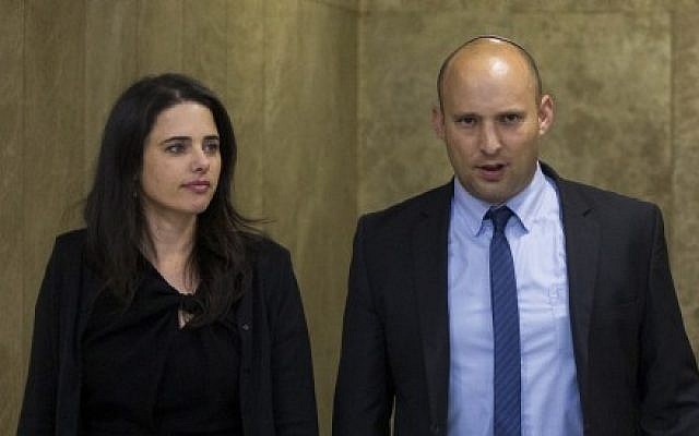 Justice Minister Ayelet Shaked, left, and Education Minister Naftali Bennett arrive at the first cabinet meeting of the Israel's 34th government at the Prime Minister's Office in Jerusalem on May 15, 2015. (Yonatan Sindel/Flash90) Justice Minister Ayelet Shaked, left, and Education Minister Naftali Bennett arrive at the first cabinet meeting of the Israel's 34th government at the Prime Minister's Office in Jerusalem on May 15, 2015. (Yonatan Sindel/Flash90)