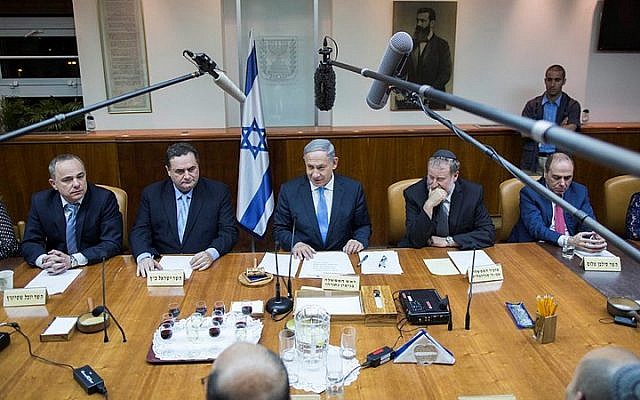 Prime Minister Benjamin Netanyahu leads the first cabinet meeting of Israel's 34th government at the PM's office in Jerusalem on May 15, 2015. (Photo credit: Yonatan Sindel/Flash90) Prime Minister Benjamin Netanyahu leads the first cabinet meeting of Israel's 34th government at the PM's office in Jerusalem on May 15, 2015. (Photo credit: Yonatan Sindel/Flash90)