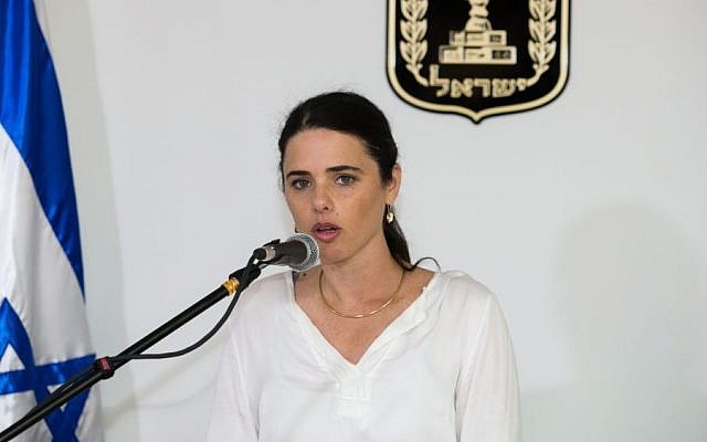 Justice Minister Ayelet Shaked at the Justice Ministry in Jerusalem, May 17, 2015 (Flash90/Dudi Vaknin, Pool) Justice Minister Ayelet Shaked at the Justice Ministry in Jerusalem, May 17, 2015 (Flash90/Dudi Vaknin, Pool)