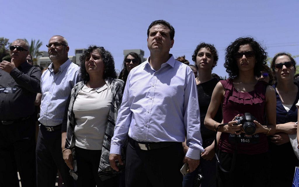 Leader of the  Joint (Arab) List, Ayman Odeh (C) seen at a memorial service during a rally marking the Nakba anniversary at the Tel Aviv University in Tel Aviv on May 20, 2015. (Tomer Neuberg/Flash90)