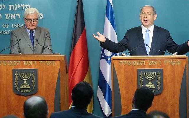 Israeli Prime Minister Benjamin Netanyahu, right, holds a joint press conference with German Foreign Minister Frank-Walter Steinmeier in Jerusalem on May 31, 2015 (Marc Israel Sellem/POOL/FLASH90) Israeli Prime Minister Benjamin Netanyahu, right, holds a joint press conference with German Foreign Minister Frank-Walter Steinmeier in Jerusalem on May 31, 2015 (Marc Israel Sellem/POOL/FLASH90)