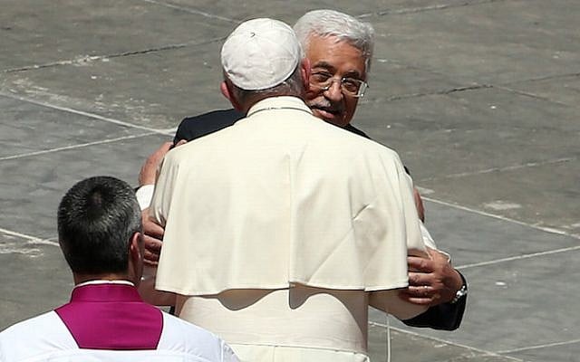 Pope Francis greeting Palestinian Authority President Mahmoud Abbas as the pope leaves St. Peter’s Square at the end of a canonization ceremony in Vatican City, May 17, 2015. (Franco Origlia/Getty Images/JTA) Pope Francis greeting Palestinian Authority President Mahmoud Abbas as the pope leaves St. Peter’s Square at the end of a canonization ceremony in Vatican City, May 17, 2015. (Franco Origlia/Getty Images/JTA)